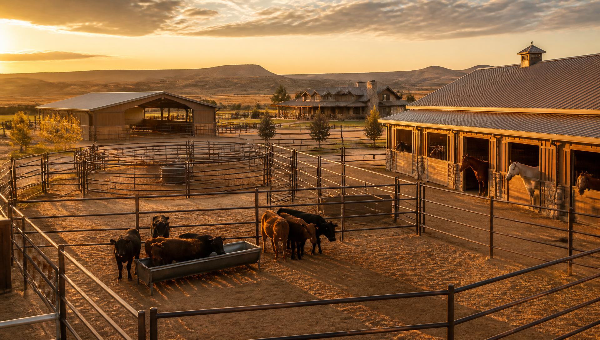 Rancho con equipos ganaderos al atardecer